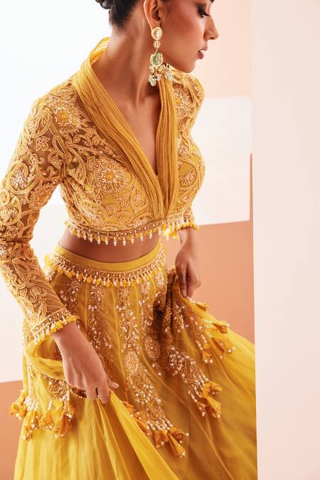 Buy_Awigna_Yellow Organza, Net, Linen Pearls, Sequins, Tassels Embroidered Lehenga Set _Online_at_Aza_Fashions