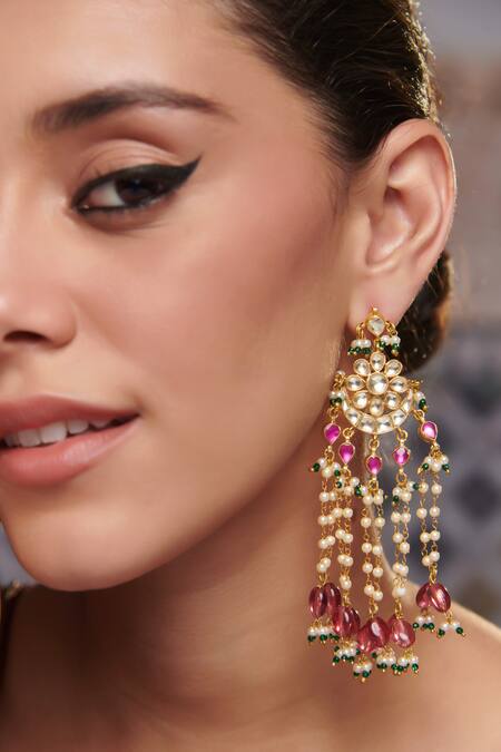 Paisley Pop_Pink Kundan Floral Motif Chandelier Earrings _Online_at_Aza_Fashions