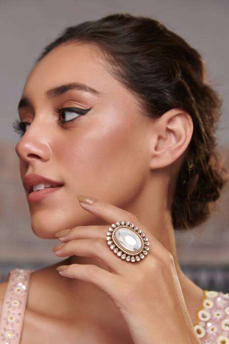 Paisley Pop Gold Plated Crystals, Diamonds Polki Embellished Ring Online at Aza Fashions Paisley Pop_Gold Plated Crystals, Diamonds Polki Embellished Ring _Online_at_Aza_Fashions