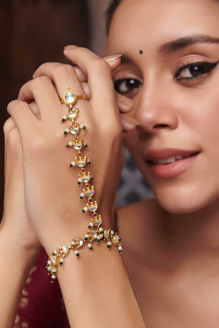 Paisley Pop_Gold Plated Pearls Kundan Embellished Hathphool _Online_at_Aza_Fashions