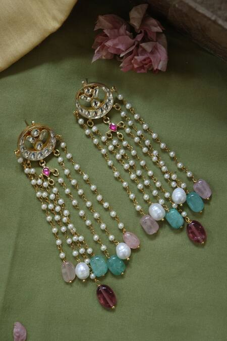 Paisley Pop Multi Color Gota Patti, Stones, Pearls Kundan Tassel Dangler Earrings Online at Aza Fashions Paisley Pop_Multi Color Gota Patti, Stones, Pearls Kundan Tassel Dangler Earrings _Online_at_Aza_Fashions
