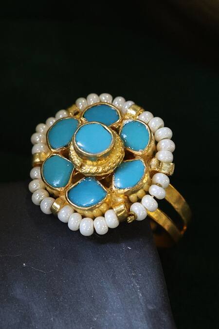 Paisley Pop Flower Kundan Ring with Shell Pearls 