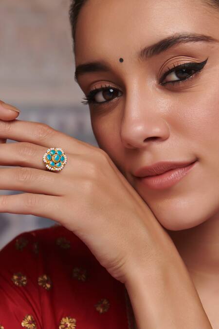 Paisley Pop_Blue Diamonds, Pearls Flower Kundan Ring With Shell _Online_at_Aza_Fashions