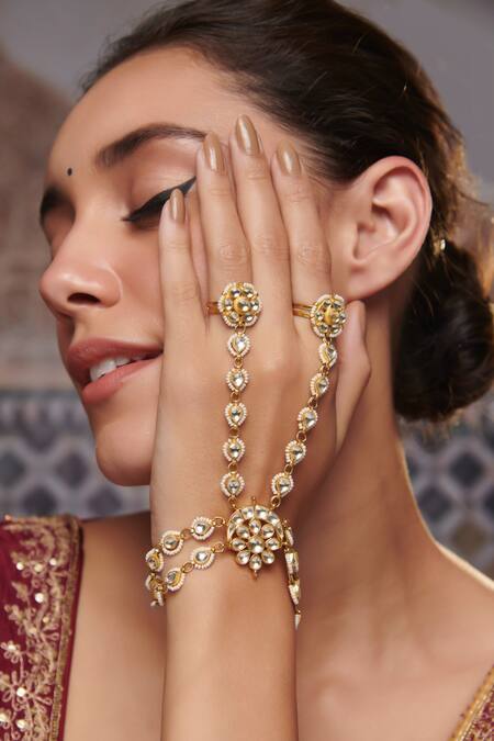 Paisley Pop_Gold Plated Pearls And Kundan Embellished Hathphool _Online_at_Aza_Fashions