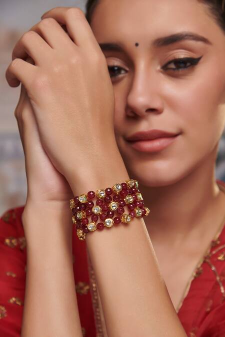 Paisley Pop_Red Crystals Handcrafted Kundan Bracelet _Online_at_Aza_Fashions