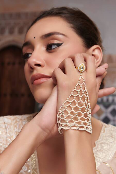 Paisley Pop_Gold Plated Pearl Kundan Hathphool _Online_at_Aza_Fashions