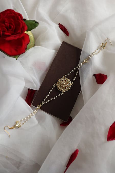 Shop Paisley Pop Gold Plated Pearls Kundan Embellished Mathapatti at Aza Fashions Shop_Paisley Pop_Gold Plated Pearls Kundan Embellished Mathapatti _at_Aza_Fashions