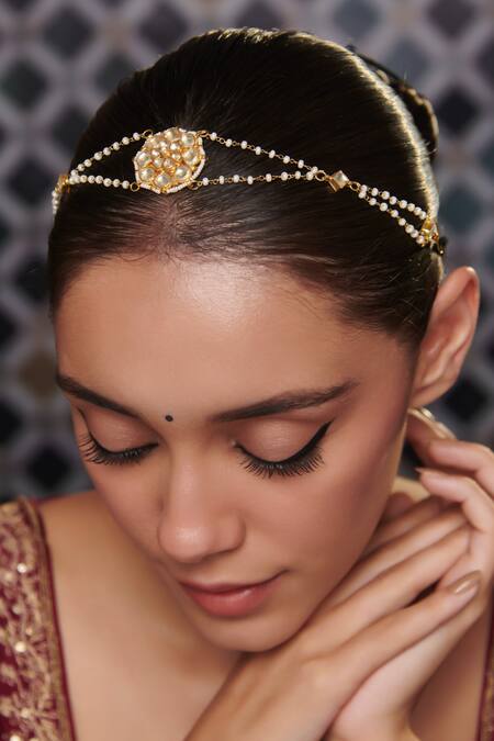 Paisley Pop Gold Plated Pearls Kundan Embellished Mathapatti Online at Aza Fashions Paisley Pop_Gold Plated Pearls Kundan Embellished Mathapatti _Online_at_Aza_Fashions