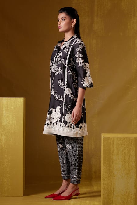 Shop Bunka Black Cotton Satin Isa Botanical Print Pant Online at Aza Fashions Shop_Bunka_Black Cotton Satin Isa Botanical Print Pant _Online_at_Aza_Fashions