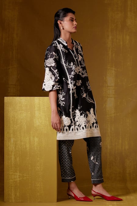 Shop Bunka Black Cotton Satin Isa Botanical Print Pant at Aza Fashions Shop_Bunka_Black Cotton Satin Isa Botanical Print Pant _at_Aza_Fashions