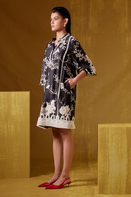 Bunka_Black Chanderi Print Botanical Collared Isa Dress_Online_at_Aza_Fashions