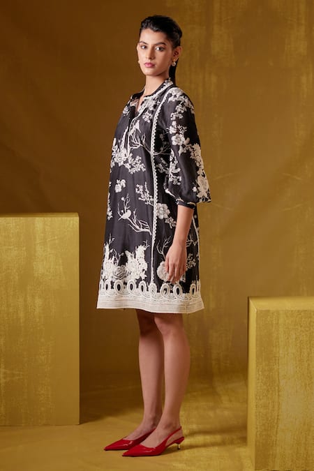Buy_Bunka_Black Chanderi Print Botanical Collared Isa Dress_Online_at_Aza_Fashions