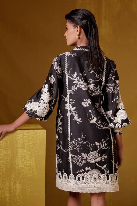 Shop_Bunka_Black Chanderi Print Botanical Collared Isa Dress_Online_at_Aza_Fashions
