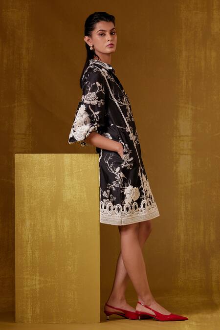 Buy_Bunka_Black Chanderi Print Botanical Collared Isa Dress