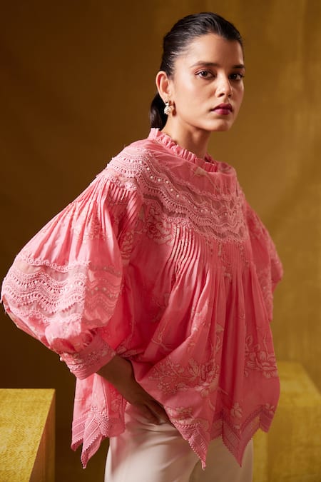Buy Bunka Pink Cotton Silk Print Floral High Neck Lea Flower Top Online at Aza Fashions Buy_Bunka_Pink Cotton Silk Print Floral High Neck Lea Flower Top_Online_at_Aza_Fashions
