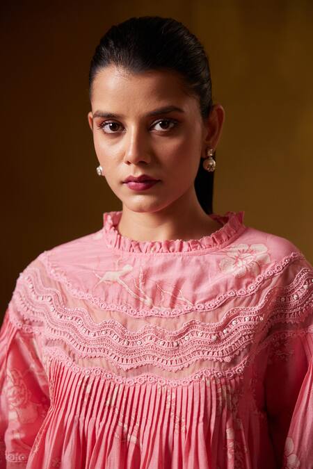 Shop Bunka Pink Cotton Silk Print Floral High Neck Lea Flower Top Online at Aza Fashions Shop_Bunka_Pink Cotton Silk Print Floral High Neck Lea Flower Top_Online_at_Aza_Fashions