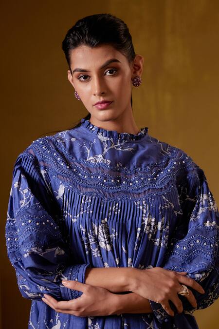 Bunka_Blue Cotton Silk Print Floral High Neck Lea Flower Dress_at_Aza_Fashions