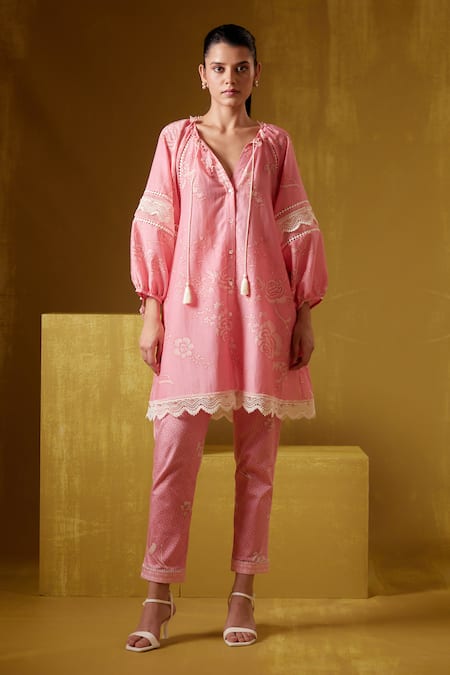 Bunka_Pink Cotton Silk Print Floral V Neck Nysa Flower Tunic_Online_at_Aza_Fashions