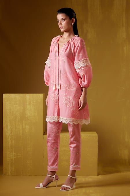 Buy_Bunka_Pink Cotton Silk Print Floral V Neck Nysa Flower Tunic_Online_at_Aza_Fashions