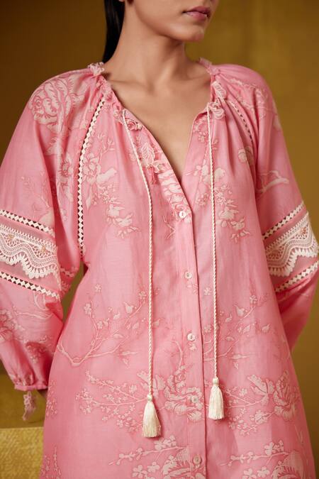 Shop_Bunka_Pink Cotton Silk Print Floral V Neck Nysa Flower Tunic_Online_at_Aza_Fashions