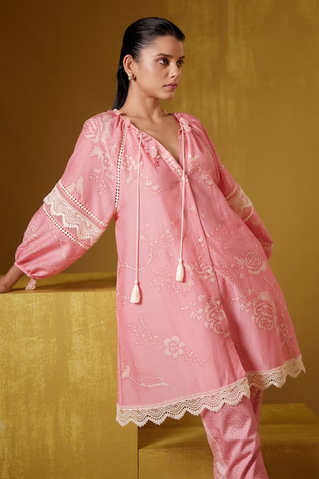 Bunka_Pink Cotton Silk Print Floral V Neck Nysa Flower Tunic_at_Aza_Fashions