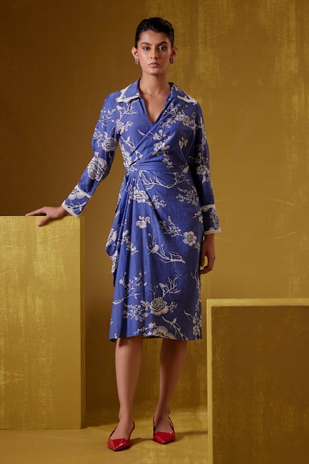 Blue silk hotsell wrap dress