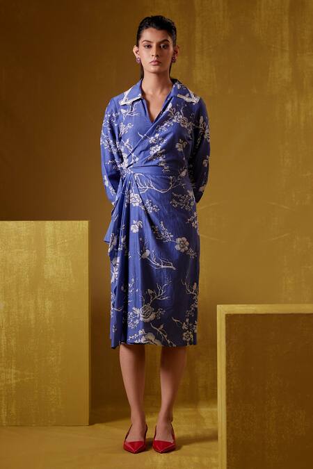 Bunka_Blue Cotton, Silk Collared Tasha Floral Print Wrap Dress _Online_at_Aza_Fashions