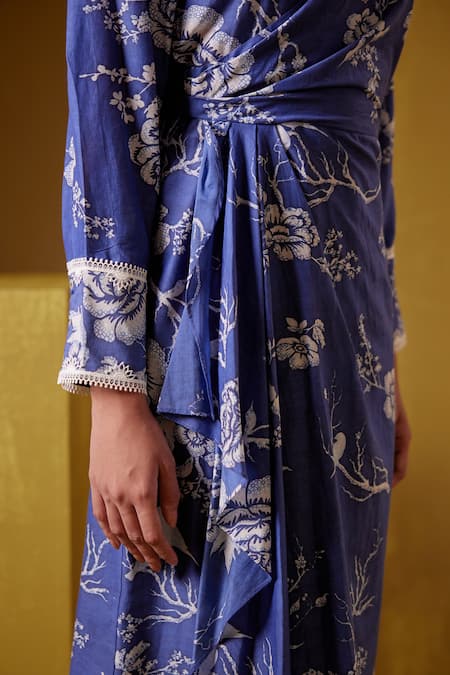Buy_Bunka_Blue Cotton, Silk Collared Tasha Floral Print Wrap Dress 
