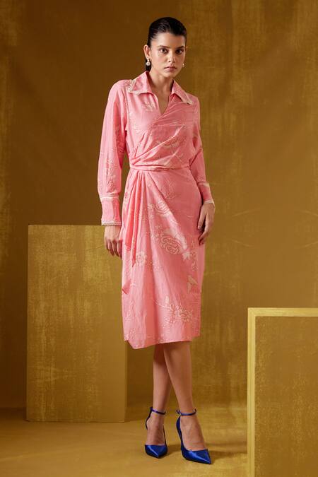 Shop Bunka Pink Cotton, Silk Embroidery Collared Tasha Flower Print Wrap Dress Online at Aza Fashions Shop_Bunka_Pink Cotton, Silk Embroidery Collared Tasha Flower Print Wrap Dress _Online_at_Aza_Fashions