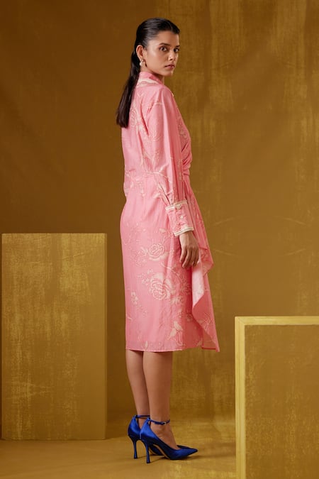 Shop Bunka Pink Cotton, Silk Embroidery Collared Tasha Flower Print Wrap Dress at Aza Fashions Shop_Bunka_Pink Cotton, Silk Embroidery Collared Tasha Flower Print Wrap Dress _at_Aza_Fashions