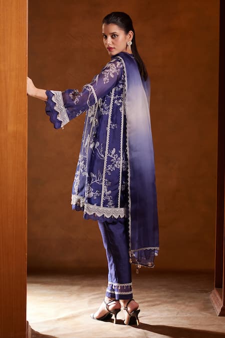 Shop Bunka Blue Organza Lace V-neck Farida Botanical Print Kurta Pant Set at Aza Fashions Shop_Bunka_Blue Organza Lace V-neck Farida Botanical Print Kurta Pant Set _at_Aza_Fashions