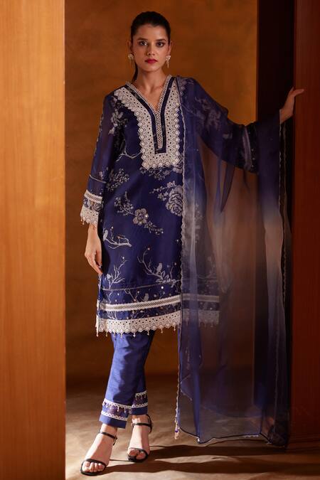 Buy Bunka Blue Organza Print Botanical V Neck Salma Floral Kurta Pant Set Online at Aza Fashions Buy_Bunka_Blue Organza Print Botanical V Neck Salma Floral Kurta Pant Set _Online_at_Aza_Fashions
