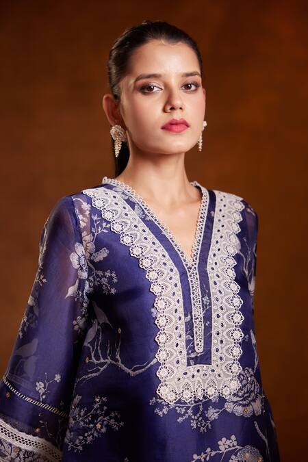 Buy Bunka Blue Organza Print Botanical V Neck Salma Floral Kurta Pant Set Buy_Bunka_Blue Organza Print Botanical V Neck Salma Floral Kurta Pant Set