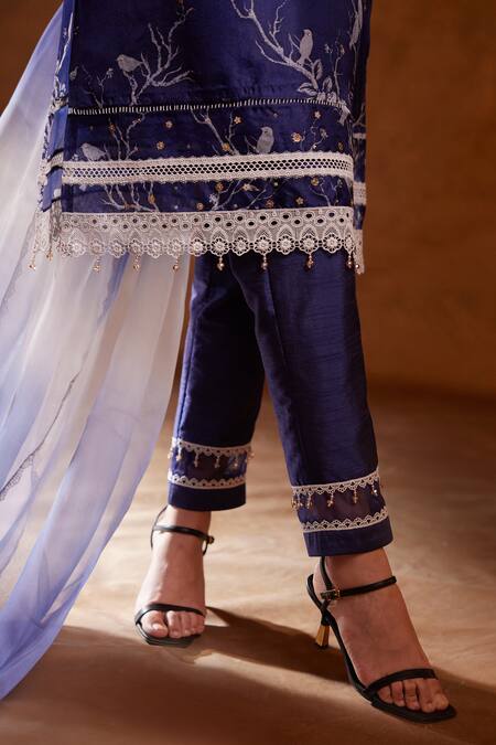 Shop Bunka Blue Organza Print Botanical V Neck Salma Floral Kurta Pant Set Shop_Bunka_Blue Organza Print Botanical V Neck Salma Floral Kurta Pant Set