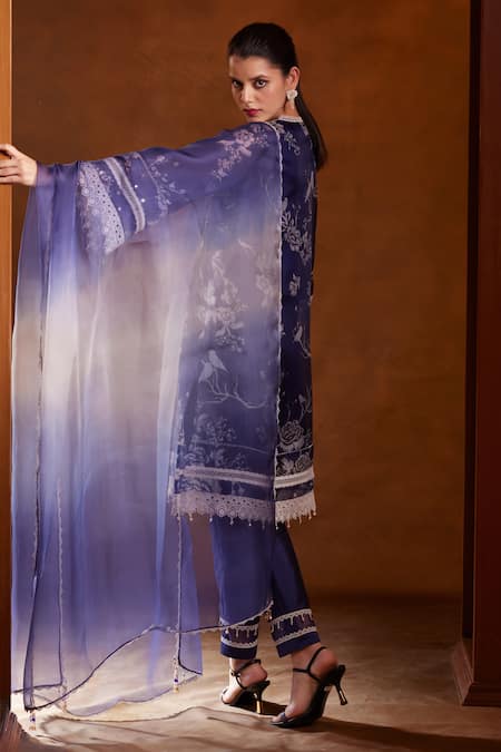 Shop Bunka Blue Organza Print Botanical V Neck Salma Floral Kurta Pant Set at Aza Fashions Shop_Bunka_Blue Organza Print Botanical V Neck Salma Floral Kurta Pant Set _at_Aza_Fashions
