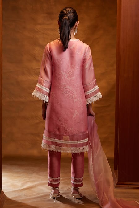Shop Bunka Pink Organza Lace V-neck Salma Flower Print Kurta Pant Set at Aza Fashions Shop_Bunka_Pink Organza Lace V-neck Salma Flower Print Kurta Pant Set _at_Aza_Fashions