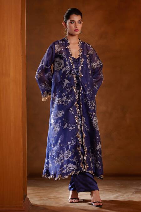 Buy_Bunka_Blue Organza Print Floral Deep V Neck Zainab Jacket_Online_at_Aza_Fashions