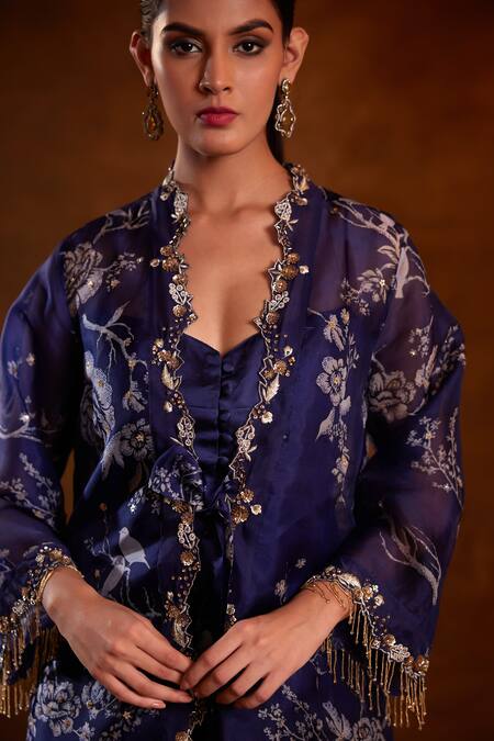 Bunka_Blue Organza Print Floral Deep V Neck Zainab Jacket_at_Aza_Fashions