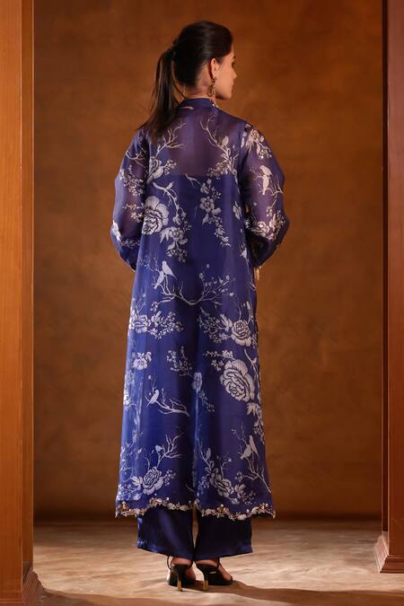 Shop_Bunka_Blue Organza Print Floral Deep V Neck Zainab Jacket_at_Aza_Fashions
