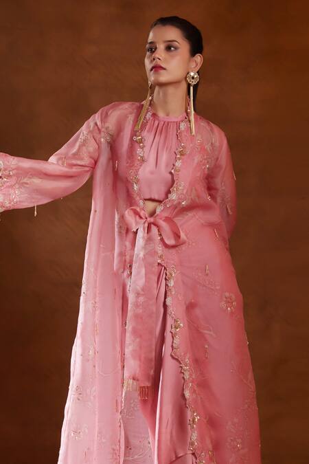 Buy Bunka Pink Organza Print Floral Deep V Neck Zainab Botanical Jacket Online at Aza Fashions Buy_Bunka_Pink Organza Print Floral Deep V Neck Zainab Botanical Jacket_Online_at_Aza_Fashions