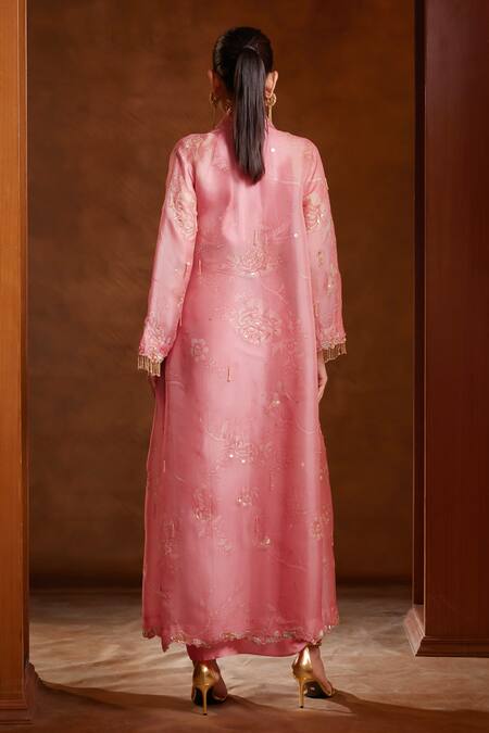 Shop Bunka Pink Organza Print Floral Deep V Neck Zainab Botanical Jacket at Aza Fashions Shop_Bunka_Pink Organza Print Floral Deep V Neck Zainab Botanical Jacket_at_Aza_Fashions