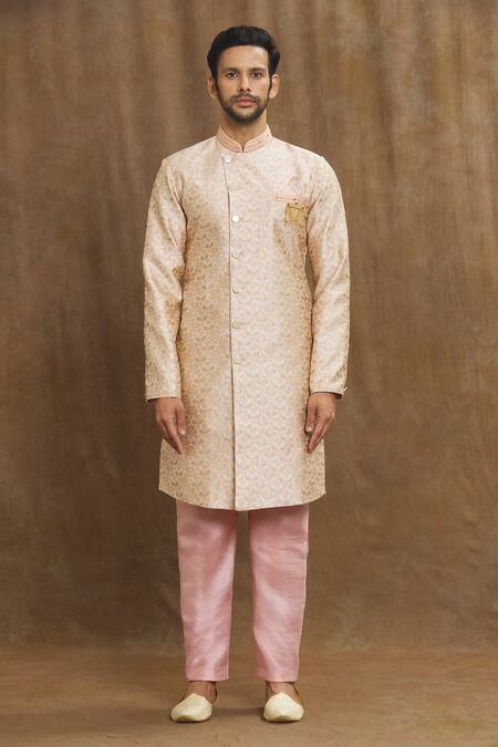 Arihant Rai Sinha_Peach Brocade, Silk Embroidery, Mirrors Banarasi Floral Pattern Kurta Set _Online_at_Aza_Fashions