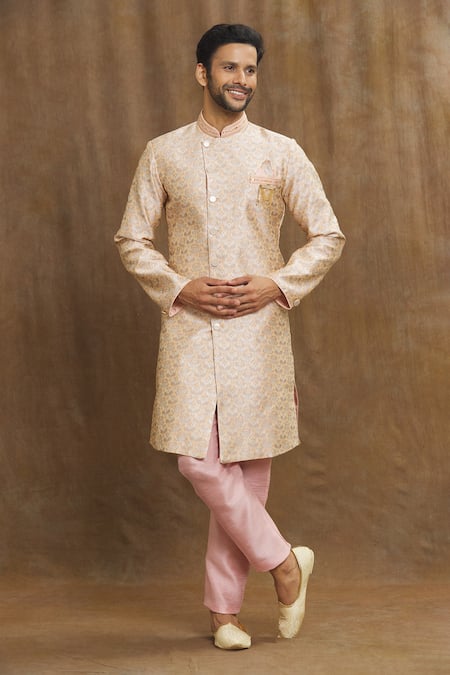 Buy_Arihant Rai Sinha_Peach Brocade, Silk Embroidery, Mirrors Banarasi Floral Pattern Kurta Set _Online_at_Aza_Fashions