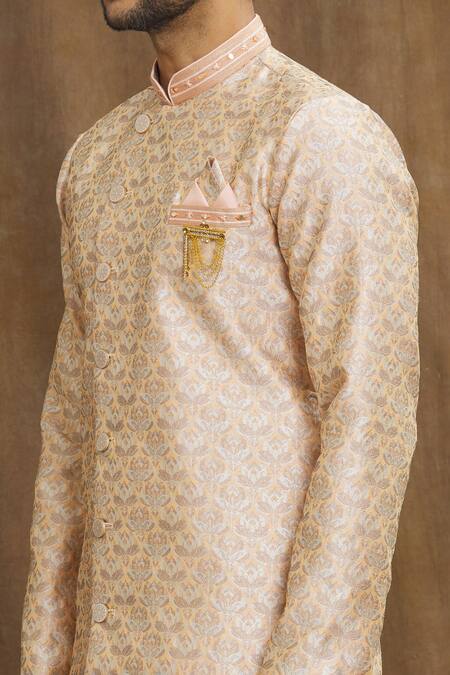 Shop_Arihant Rai Sinha_Peach Brocade, Silk Embroidery, Mirrors Banarasi Floral Pattern Kurta Set _Online_at_Aza_Fashions