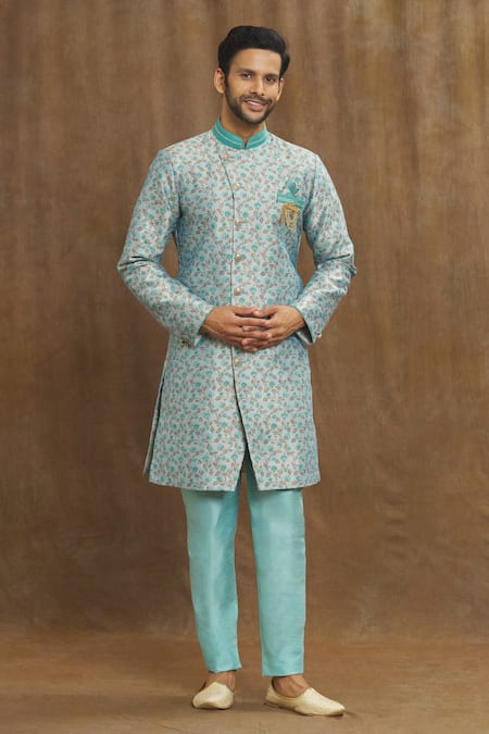 Aryavir Malhotra Blue Kurta Banarasi Jacquard Woven And Embroidered Floral Jaal Pattern & Set 