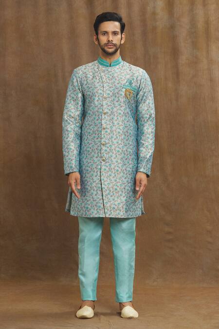 Arihant Rai Sinha Blue Brocade, Silk Embroidery Banarasi Floral Pattern Woven Kurta Set Online at Aza Fashions Arihant Rai Sinha_Blue Brocade, Silk Embroidery Banarasi Floral Pattern Woven Kurta Set_Online_at_Aza_Fashions