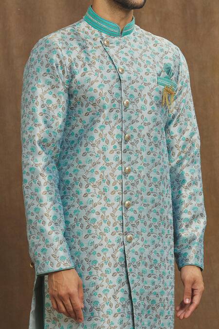 Shop Arihant Rai Sinha Blue Brocade, Silk Embroidery Banarasi Floral Pattern Woven Kurta Set Online at Aza Fashions Shop_Arihant Rai Sinha_Blue Brocade, Silk Embroidery Banarasi Floral Pattern Woven Kurta Set_Online_at_Aza_Fashions