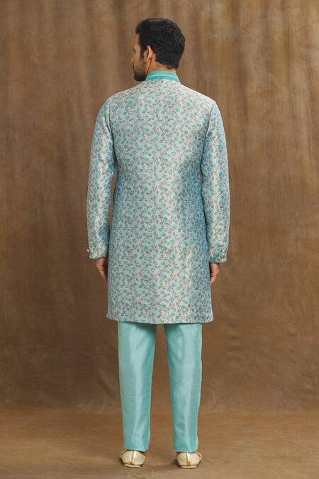 Shop Arihant Rai Sinha Blue Brocade, Silk Embroidery Banarasi Floral Pattern Woven Kurta Set at Aza Fashions Shop_Arihant Rai Sinha_Blue Brocade, Silk Embroidery Banarasi Floral Pattern Woven Kurta Set_at_Aza_Fashions