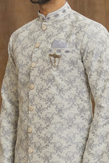 Shop Arihant Rai Sinha Off White Silk Embroidery Rose Jaal Pattern Banarasi Kurta Set Online at Aza Fashions Shop_Arihant Rai Sinha_Off White Silk Embroidery Rose Jaal Pattern Banarasi Kurta Set_Online_at_Aza_Fashions