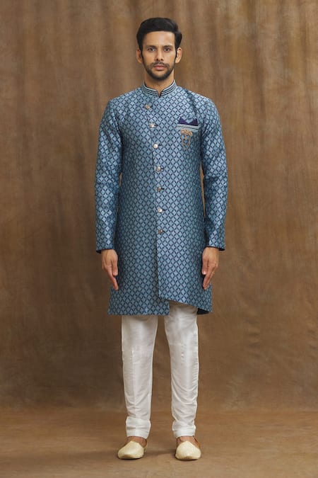 Buy_Arihant Rai Sinha_Blue Brocade, Silk Embroidery Banarasi Mughal Pattern Kurta Set _Online_at_Aza_Fashions